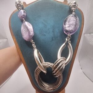 RLM Silver Tone Statement Necklace with Purple Glass Beads